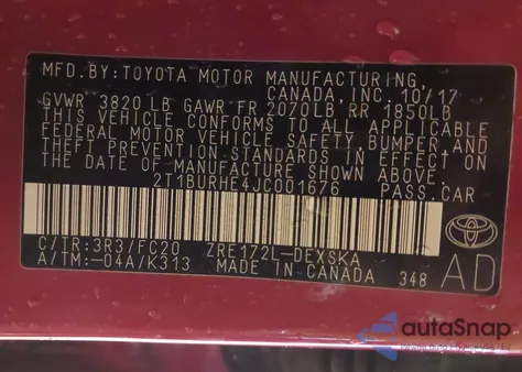 2018 Toyota Corolla Se z USA, uszkodzony, nr VIN 2T1BURHE4JC001676